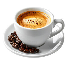 Espresso Cup: a close-up image of a full cup of freshly brewed espresso, sitting on a saucer alongside a small pile of roasted coffee beans. A perfect shot for illustrating a moment of calm.