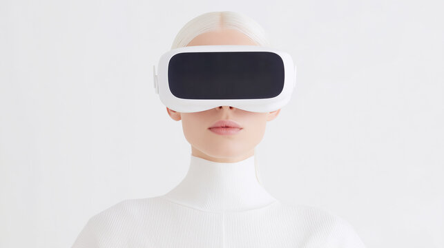 2026 color trend. Woman with very white hair wearing white VR headset, showcasing futuristic technology in a minimalistic environment, emphasizing innovation and virtual reality experience