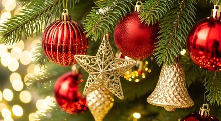 Close-up of a decorated Christmas tree with ornaments and lights.