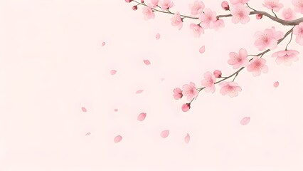 Aesthetic cherry blossom branches and falling petals on a light pink background illustration