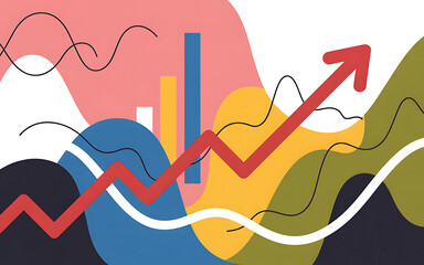Abstract illustration of financial growth and business success with a rising red arrow and colorful charts