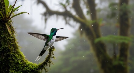 Green and white hummingbird perches on mossy branch in misty forest.