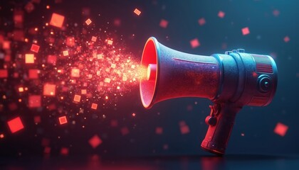 Glowing megaphone broadcasts red digital cubes into dark air. Abstract concept for modern communication broadcasting tech, data stream, or digital marketing announcement.