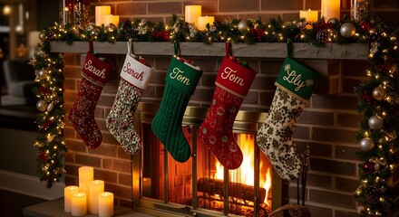 Five personalized Christmas stockings hang above a lit fireplace, decorated with garlands and candles.