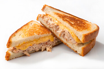 Delicious tuna melt sandwich with toasted bread and melted cheese cut in half. Grilled panini with fish salad filling isolated on white background for lunch menu.