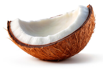 Fresh broken coconut piece isolated on white background. Cracked tropical nut slice with brown shell and white meat for healthy food, oil and cosmetic spa themes.