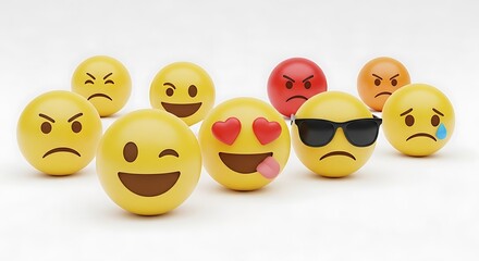 A variety of expressive emoji faces convey diverse emotions on a white background.