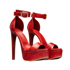 Pair of shiny red platform high heel sandals with ankle straps