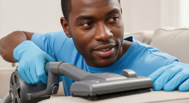 African American man in blue shirt and gloves is vacuuming a couch in a bright living room, showcasing cleaning techniques and home maintenance practices
