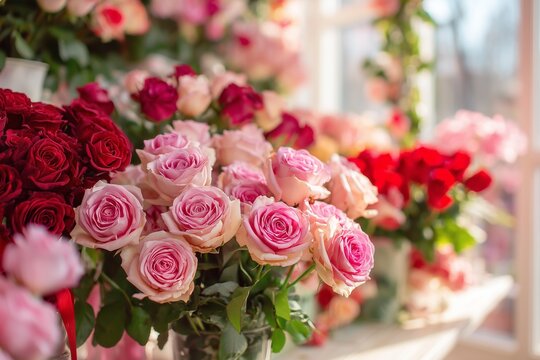 A bouquet of multicolored roses displayed on a table.