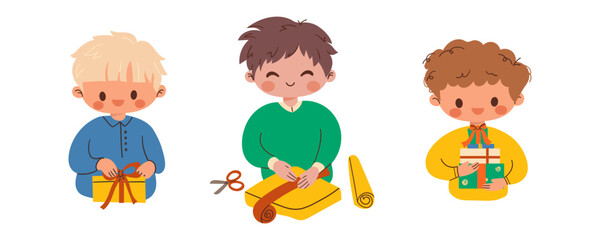 Christmas people set. Happy men  celebrating New Year and Xmas holidays with gift box, present, festive cake and fir tree in hands. Flat vector illustrations isolated on white background