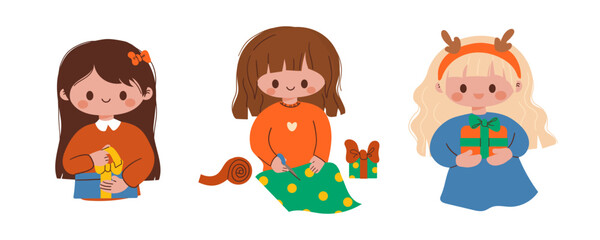 Christmas people set. Happy   women celebrating New Year and Xmas holidays with gift box, present, festive cake and fir tree in hands. Flat vector illustrations isolated on white background