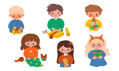 Christmas people set. Happy men and women celebrating New Year and Xmas holidays with gift box, present, festive cake and fir tree in hands. Flat vector illustrations isolated on white background