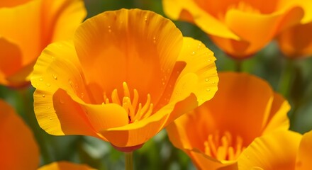 Bright orange poppy flowers bloom with morning dew drops in sunlight.
