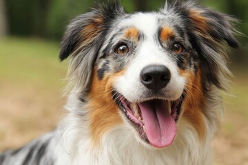 Happy Australian Shepherd dog enjoying a sunny day while panting in a lush green park