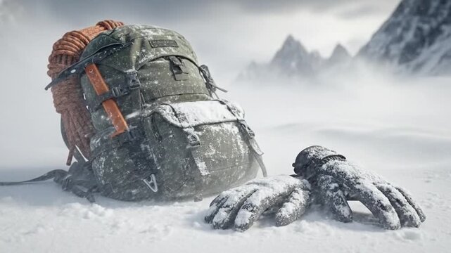 Extreme winter expedition concept showing a backpack