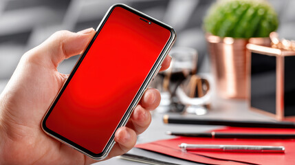 Social media venting concept with red smartphone screen held over desk with pen and notebook