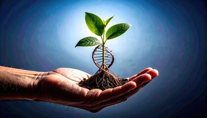 hand gently holding a single, vibrant green plant with roots that transform into a DNA-like double helix, symbolizing natural health