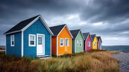 Colorful fishing huts along the coast under a dramatic cloudy sky