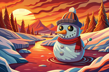 snowman built near a narrow winter river with icy edges, creating a calm scenic Christmas 2026 setting