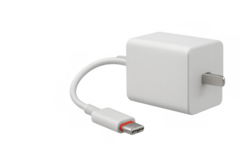 Usb-c power adapter with integrated charging cable on transparent background. A common accessory for mobile phones and tablets