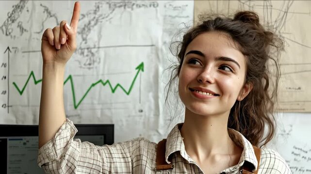 Cheerful young woman with a happy smile pointing her index finger high up towards a big wall chart featuring a rapidly climbing green line graph. Bright future concepts.
