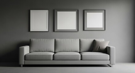 Minimalist living room with a grey sofa and empty picture frames.