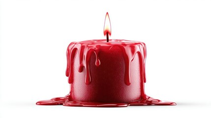 Burning red candle with dripping wax against a clean white background