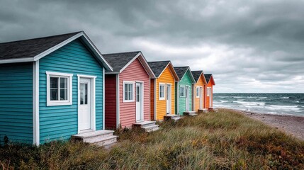 Colorful beach huts along the coast under a dramatic, cloudy sky