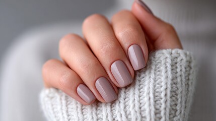 Elegant manicure with neutral nail polish and cozy sweater
