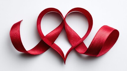 Red ribbon shaped into a heart on a white background, perfect for romance