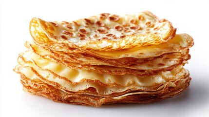 Stack of golden pancakes on a white background, perfect for breakfast or brunch