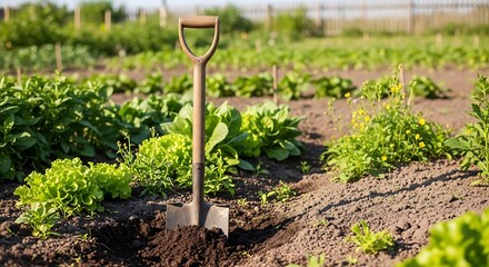 Garden spade stands in rich soil amidst rows of leafy green vegetables.