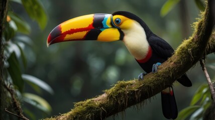 Naklejka premium Vibrant Toucan Perched on Moss-Covered Branch in Lush Rainforest