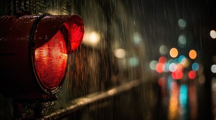 Close Up Of A Illuminated Red Traffic Light In Rain At Night With Bokeh Background