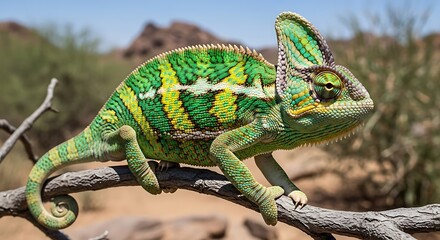 A vibrant green and yellow chameleon perches on a branch in a dry environment.
