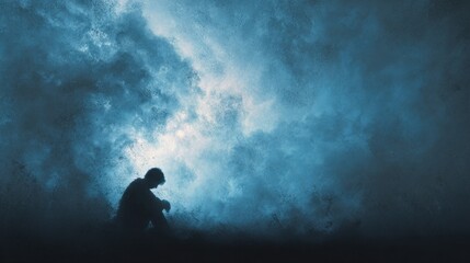 Obraz premium Solitude in Storm: A lone figure, lost in thought, is silhouetted against a dramatic backdrop of swirling storm clouds, evoking feelings of introspection and emotional depth.