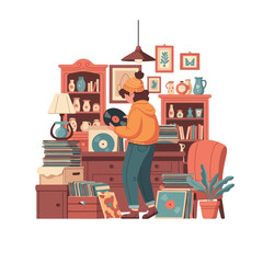 Obraz premium Person listening to vintage vinyl records in cozy room full of albums