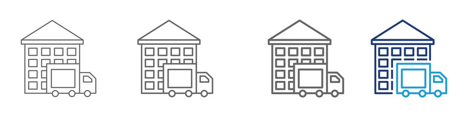 Set icon of a Building Warehouse in thin Line Style and blue color. deisgn, vector and illustration