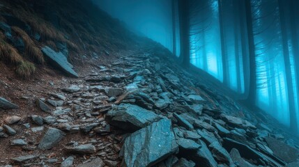 Misty Forest Path with Rocky Terrain and Blue Hues in a Dramatic Natural Landscape