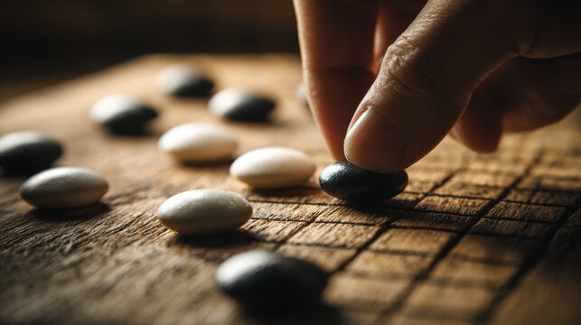 Strategic Placement: A hand carefully positions a stone on a wooden board, set for a game of strategy, focusing on the strategic aspects of the game.