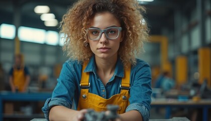 Young woman in workshop setting. She wears glasses work attire. The person looks focused attentive. Mechanical work is going on during day at place of labor.