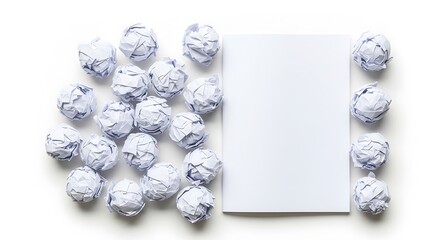 Crumpled paper balls surround blank notebook on white surface.