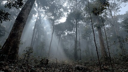 Misty Forest Scene with Sunlight Rays Filtering Through Tall Trees in Nature Setting