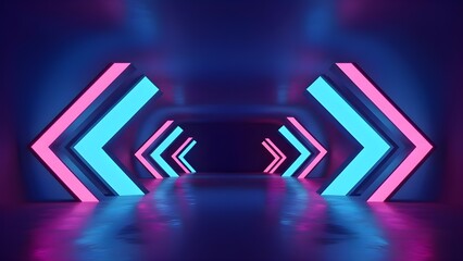 Neon arrows in a dark tunnel with reflections creating a futuristic and vibrant atmosphere