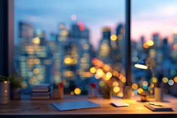 Fototapeta premium Evening blurred office workspace with city skyline views showcasing a tranquil atmosphere and soft lighting