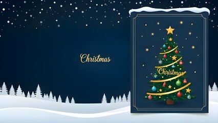 Christmas illustration with tree, snow, and greeting card on a dark blue background with snowfall