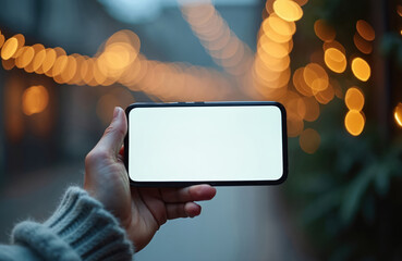 Person holds smartphone horizontally against blurred bokeh lights background. Empty screen display invites content creation. Use for ads, social media, or app promotion.