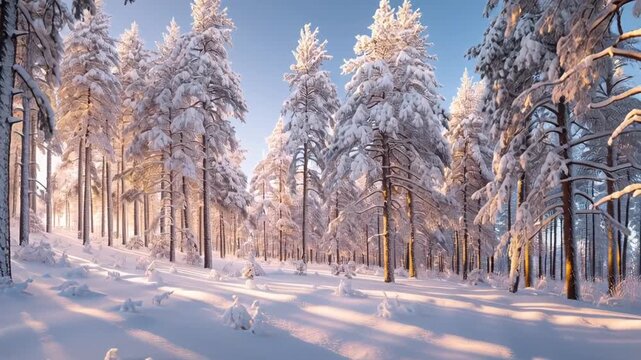 Sunlit snowy forest landscape with tall pine trees in winter