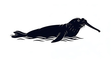 Silhouette of a seal with a long snout swimming in water.